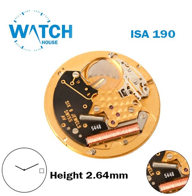ISA 190 Watch Movement Swiss -H:2.64mm-White Date Disk at 3-2 Hands-Decorated.