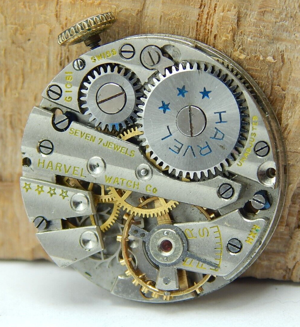 Vintage Harvel G1081 7 jewel men’s wrist watch movement good balance with crown