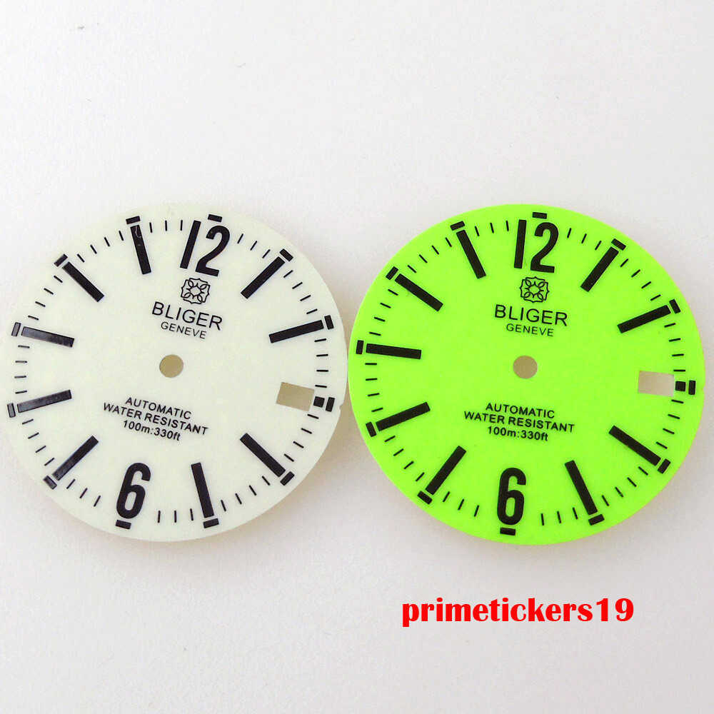 BLIGER 29mm Green White Watch Dial Black Marks Date Luminous Fit NH35 NH36 Movt