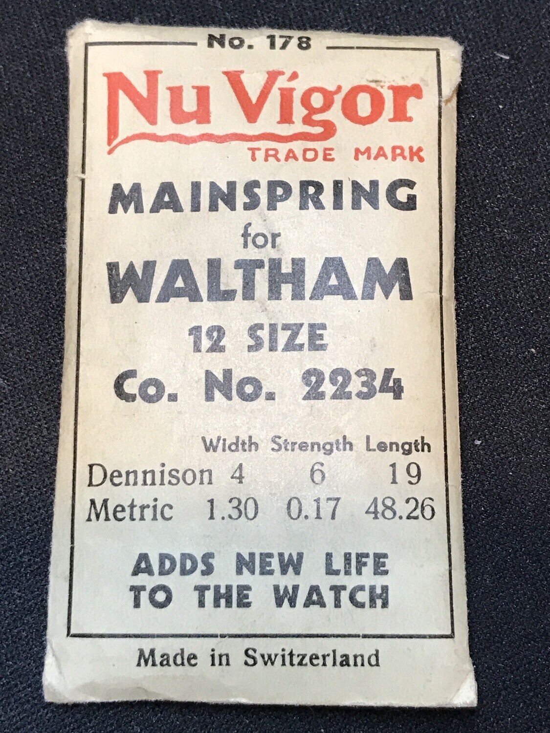 NuVigor Mainspring #178 for Waltham 10s – 14s Colonial A. No. 2234 – Steel