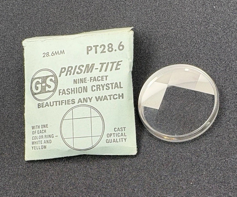 GS PT PRISM-TITE 9 FACET FASHION WATCH CRYSTAL w/ring NOS 28.6mm