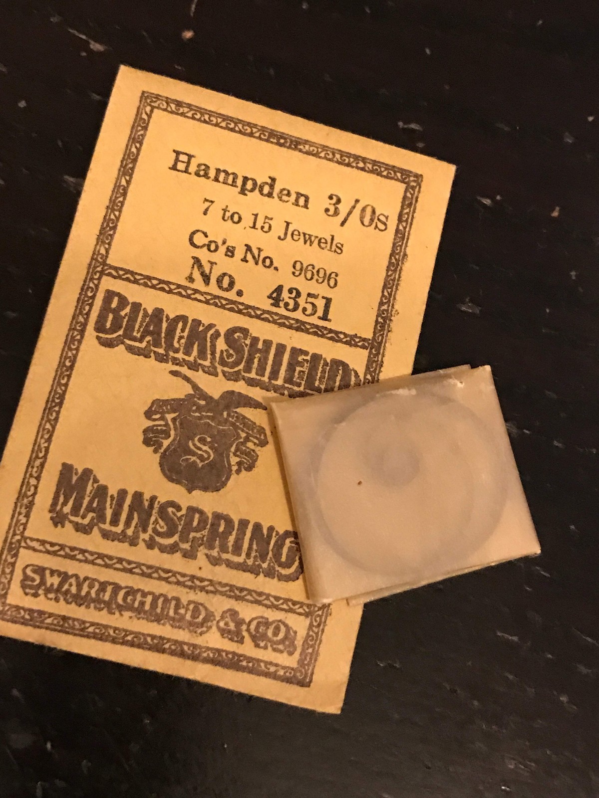 Swartchild Black Shield Mainspring #4351 for Hampden 3/0s No. 9696 – Steel