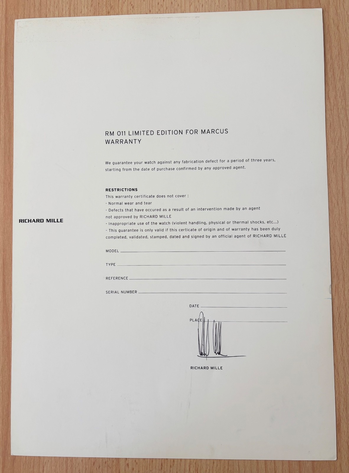 RICHARD MILLE RM 011 LIMITED EDITION MARCUS WARRANTY CERTIFICATE GENUINE