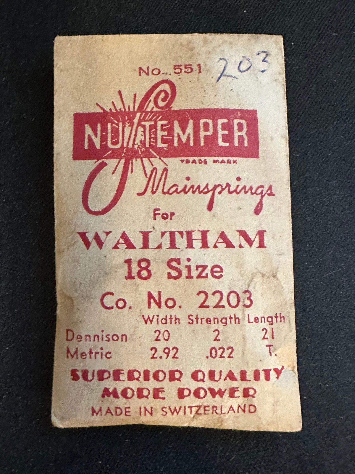 NuTemper Mainspring #551 for Waltham 18s Factory No. 2203 – Steel