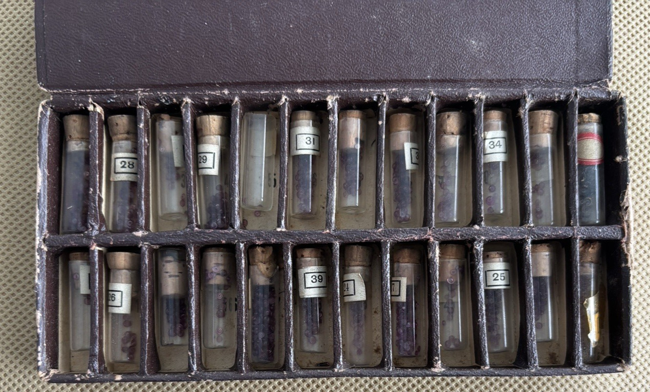 ANTIQUE SWARTCHILD & CO. WATCHMAKERS REPAIR JEWELS WITH 24 VIALS & BOX