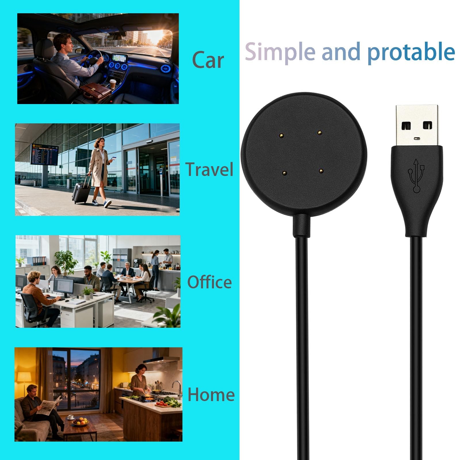 Charging Cable Adapter 3.3 feet 2 USB-A Type-C Ports for Pixel Watch 3, 2,