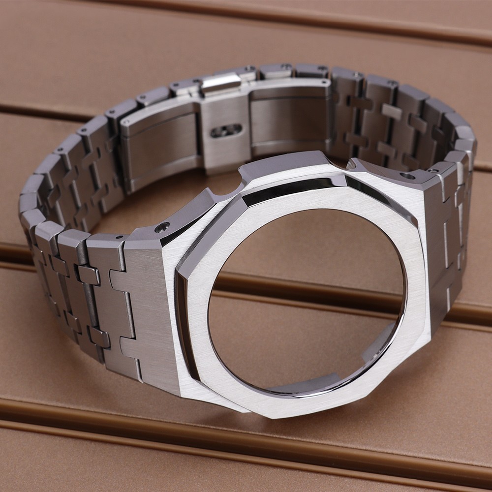 44.3mm Silver Watch Case+Strap Modify GA-2100 Casioak Mod Brushed 316L Stainless