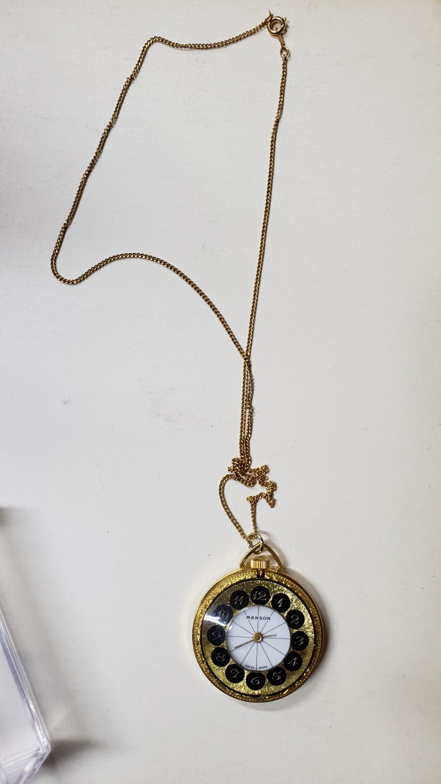 RARE Antique Ladies Mason Necklace Watch Black Gold Ornate swiss w/ chain 12k gp