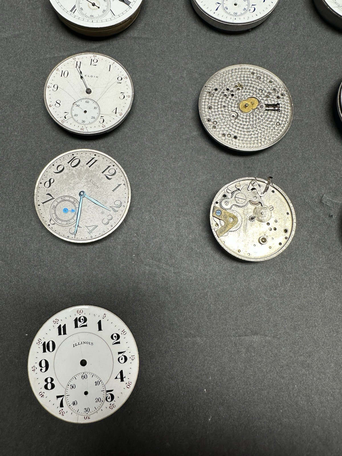 Lot of 11 Pocket Watch Movements Illinois Burlington Waltham Elgin + 2 Dials