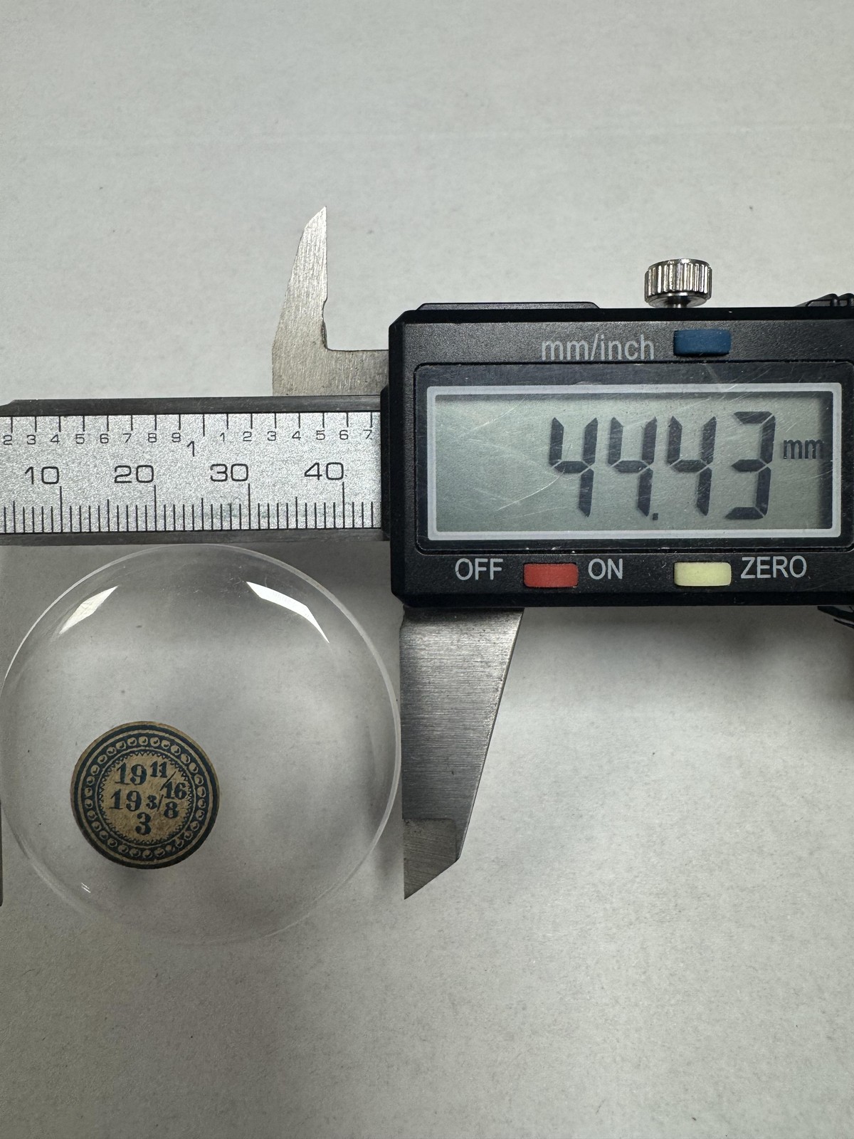 Vintage Unmarked Pocket Watch Acrylic Crystal Domed 44.43mm 19 11/16 19 3/8 3