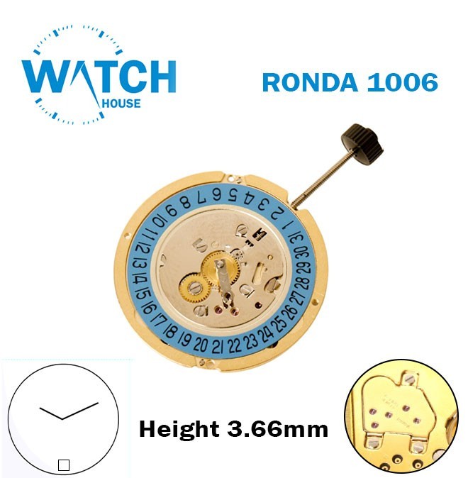 RONDA 1006 Swiss Quartz Watch Movement-H:3.66MM-Blue Disk At 6-2 Hands-Gold.