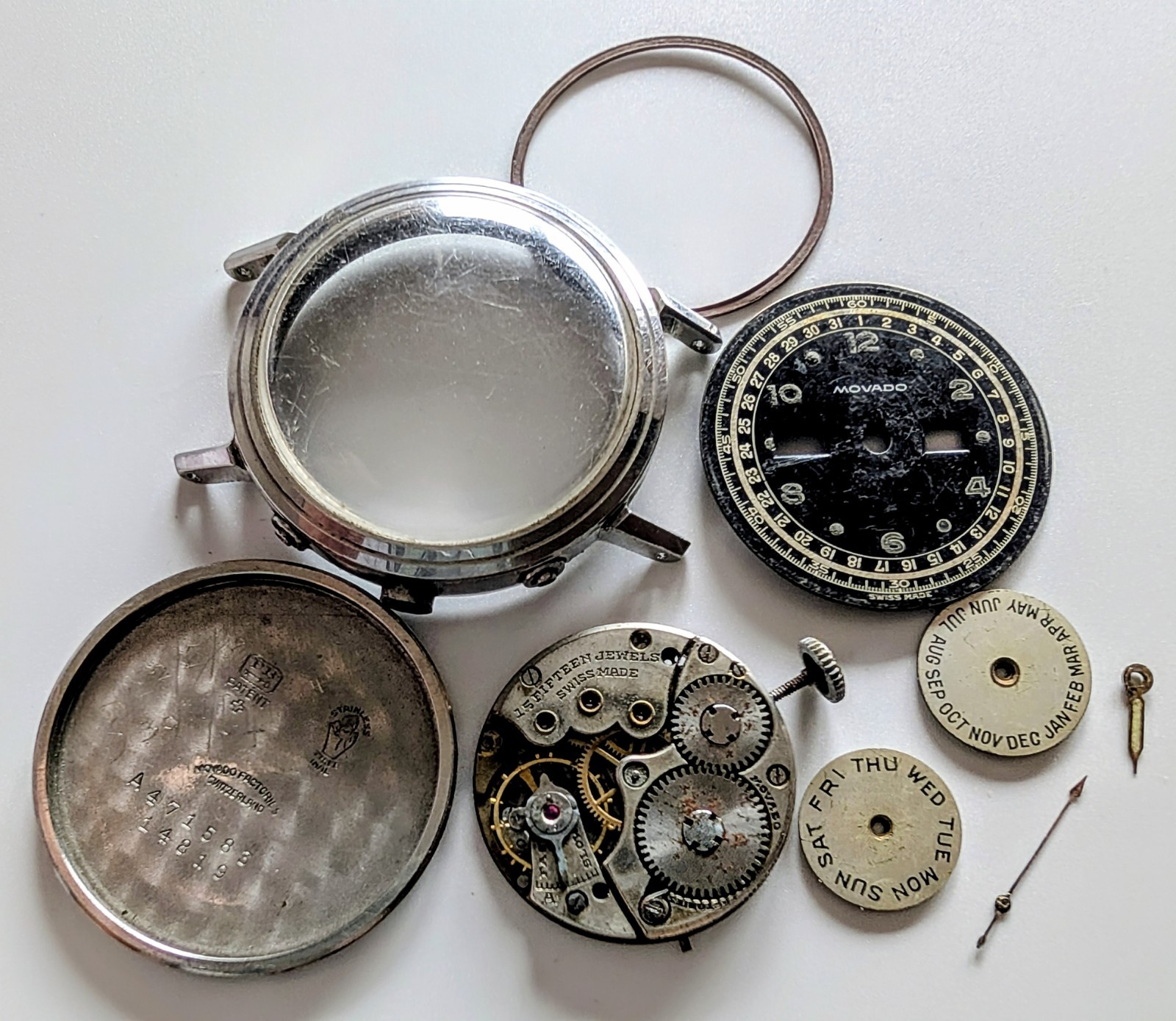 1940s Swiss Movado Triple Date cal 470 Watch Movement Dial Case Spares Repairs