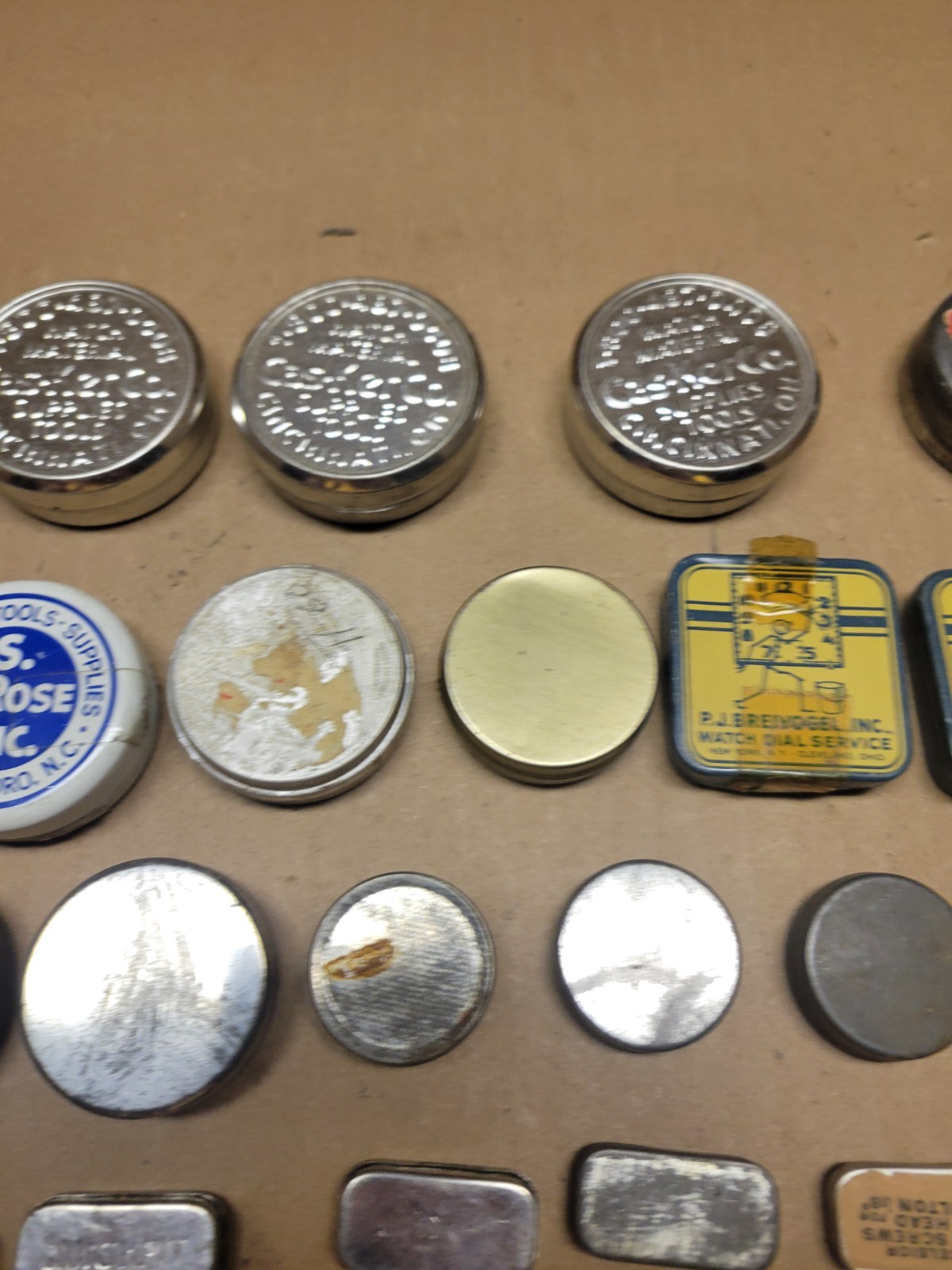 28 Watchmaker Tins for Parts or Movements Complete with Lids Signed Wide LT5