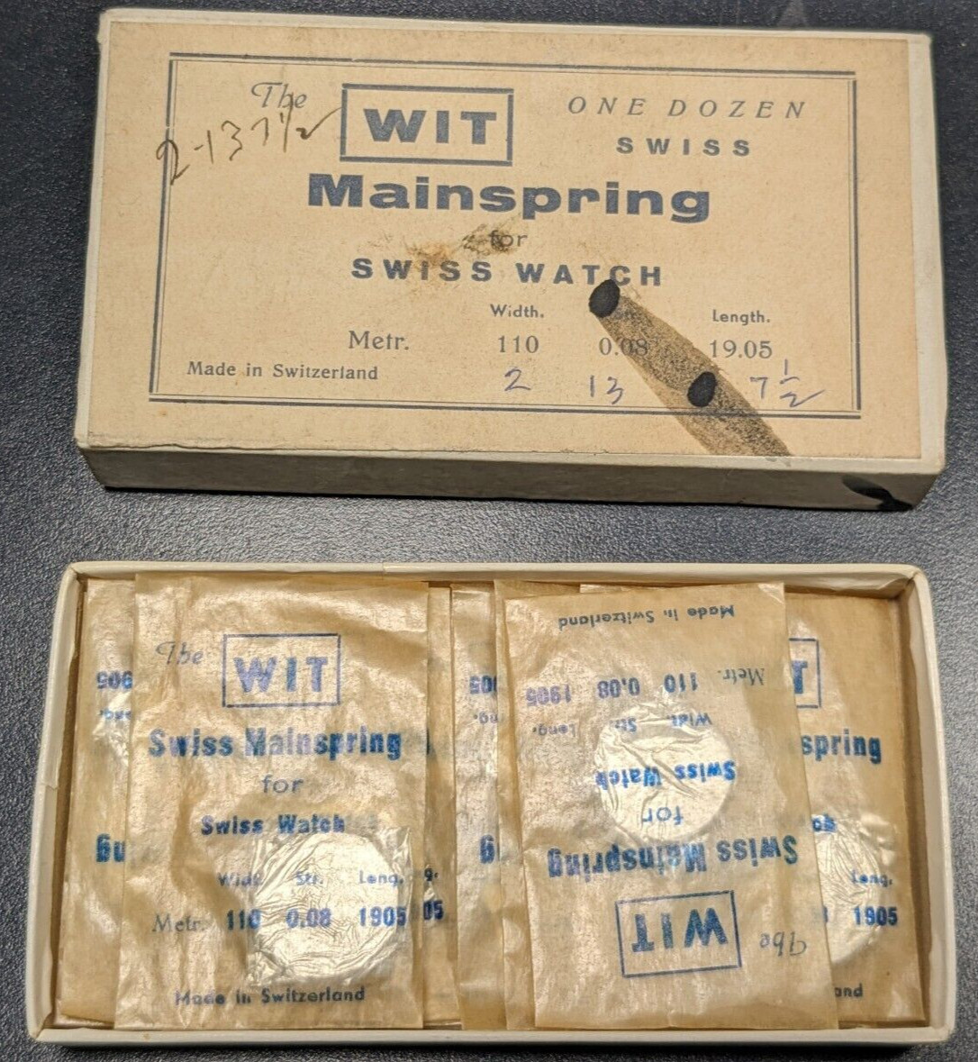 Box of 12 NOS WIT Mainsprings For Swiss Watches 2 x 13 x 7-1/2 – 110x.08×19.05