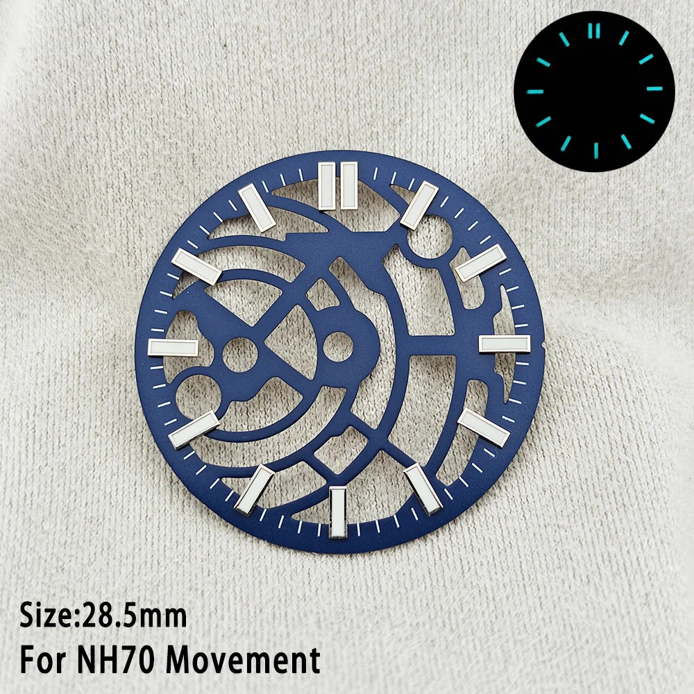 28.5mm Skeleton Watch Dial Green Lume Black and Blue Fit for NH70 NH72 Mod Parts