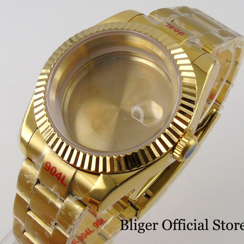 BLIGER Gold Watch Case 36mm 39mm Sapphire Glass fit NH35A NH36A Fluted Bezel