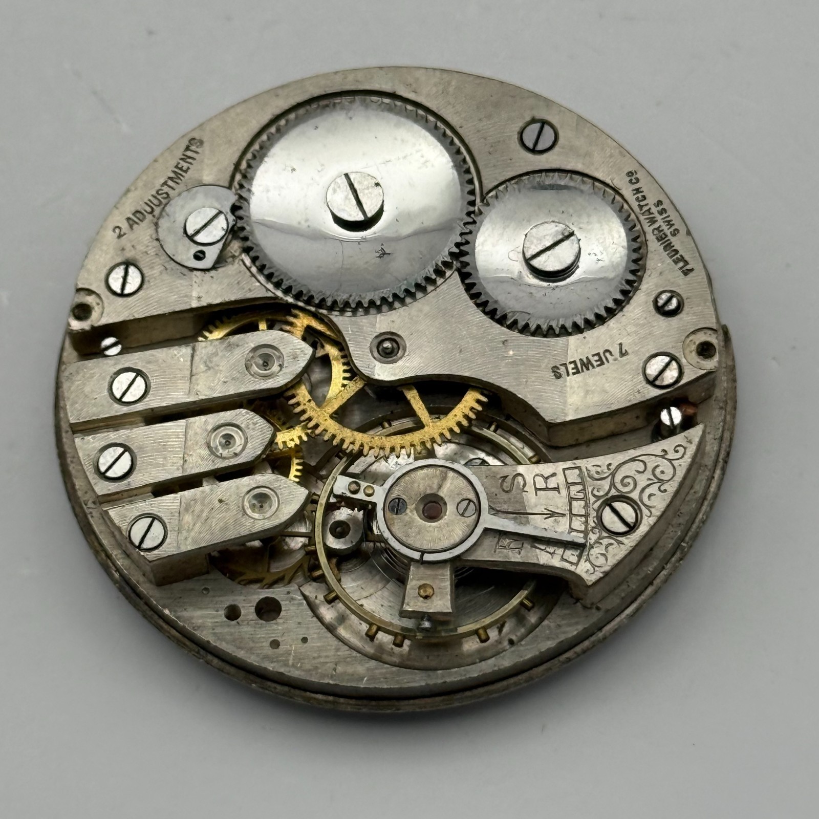 Fleurier Pocket Watch Movement Open Face Sub Seconds 7 Jewels 2 Adj Parts 41mm