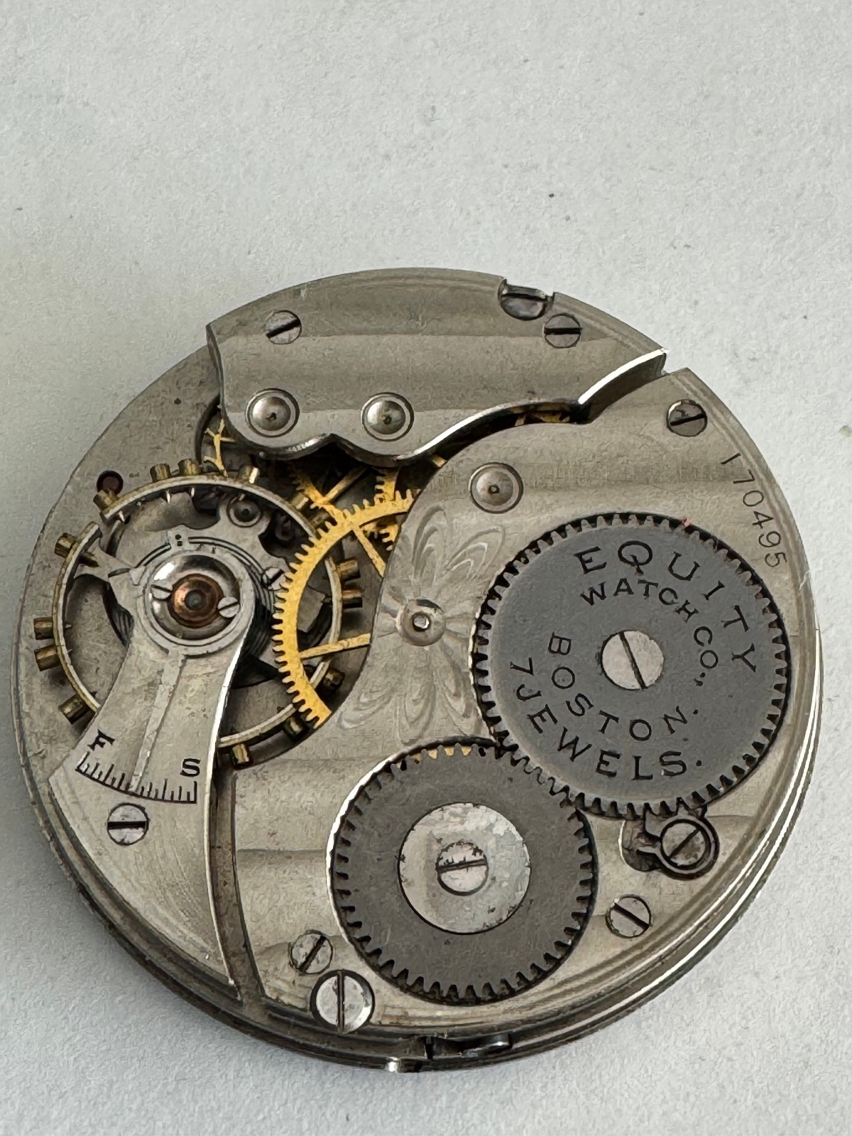 VINTAGE 16 SIZE EQUITY W. CO. POCKET WATCH MOVEMENT NOT RUNNING GOOD BALANCE