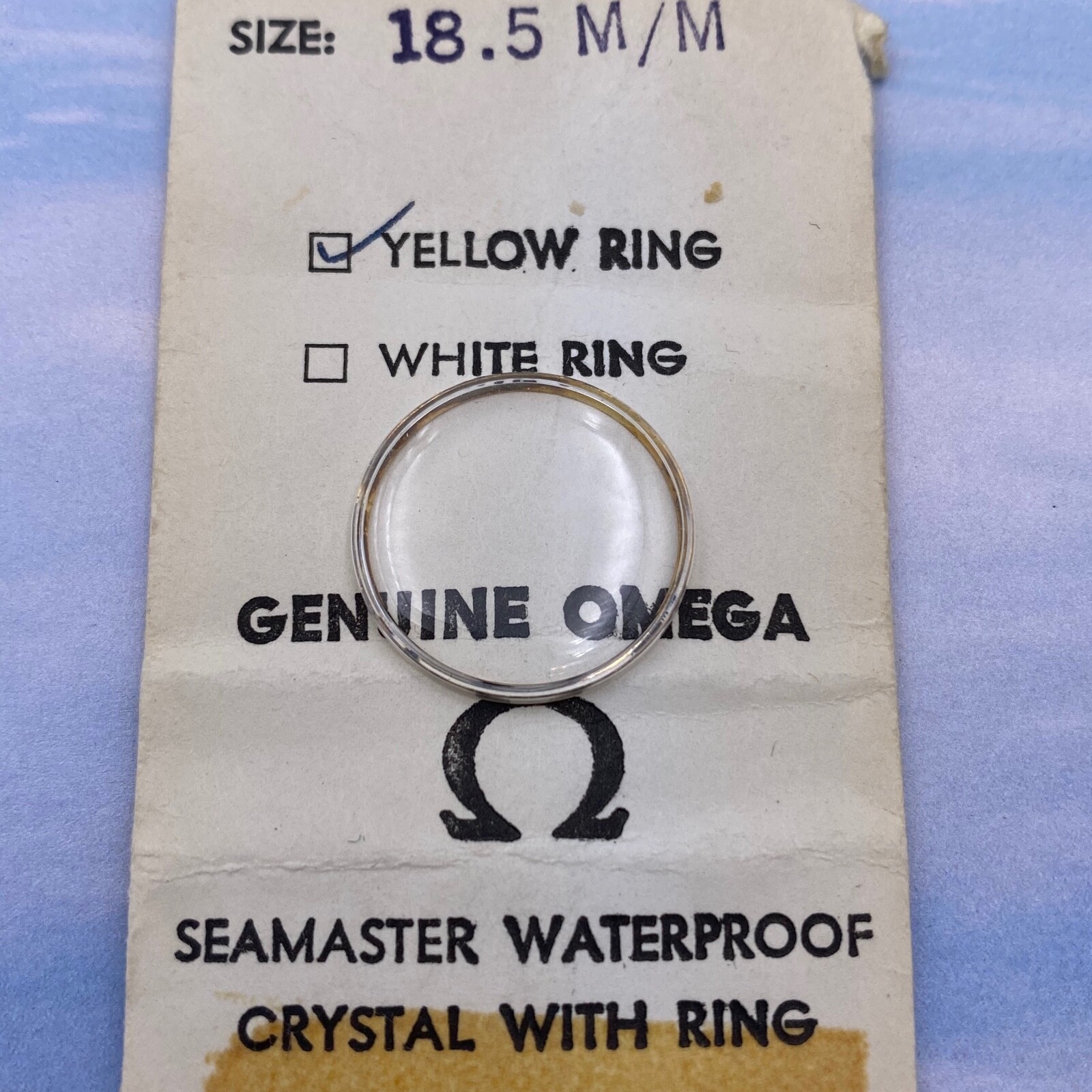 Genuine Vintage Omega Crystal W/ Yellow Retainer Rim 18.5 mm. Open Package.