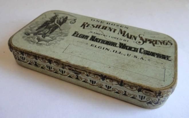 antique ELGIN WATCH MAIN SPRING TIN repair parts ORNATE illinois collectible