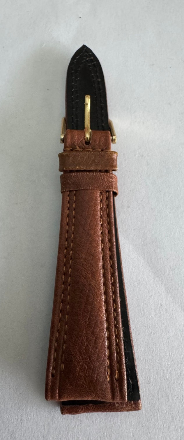 VINTAGE 20MM GENUINE BROWN STITCHED LEATHER WRISTWATCH BAND, YELLOW BUCKLE