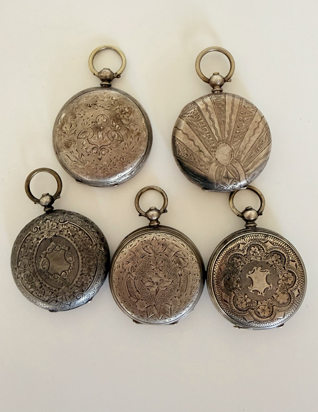 Lot of 5 Antique 800 Silver Pocket Watches & Cases Repair Spares Parts