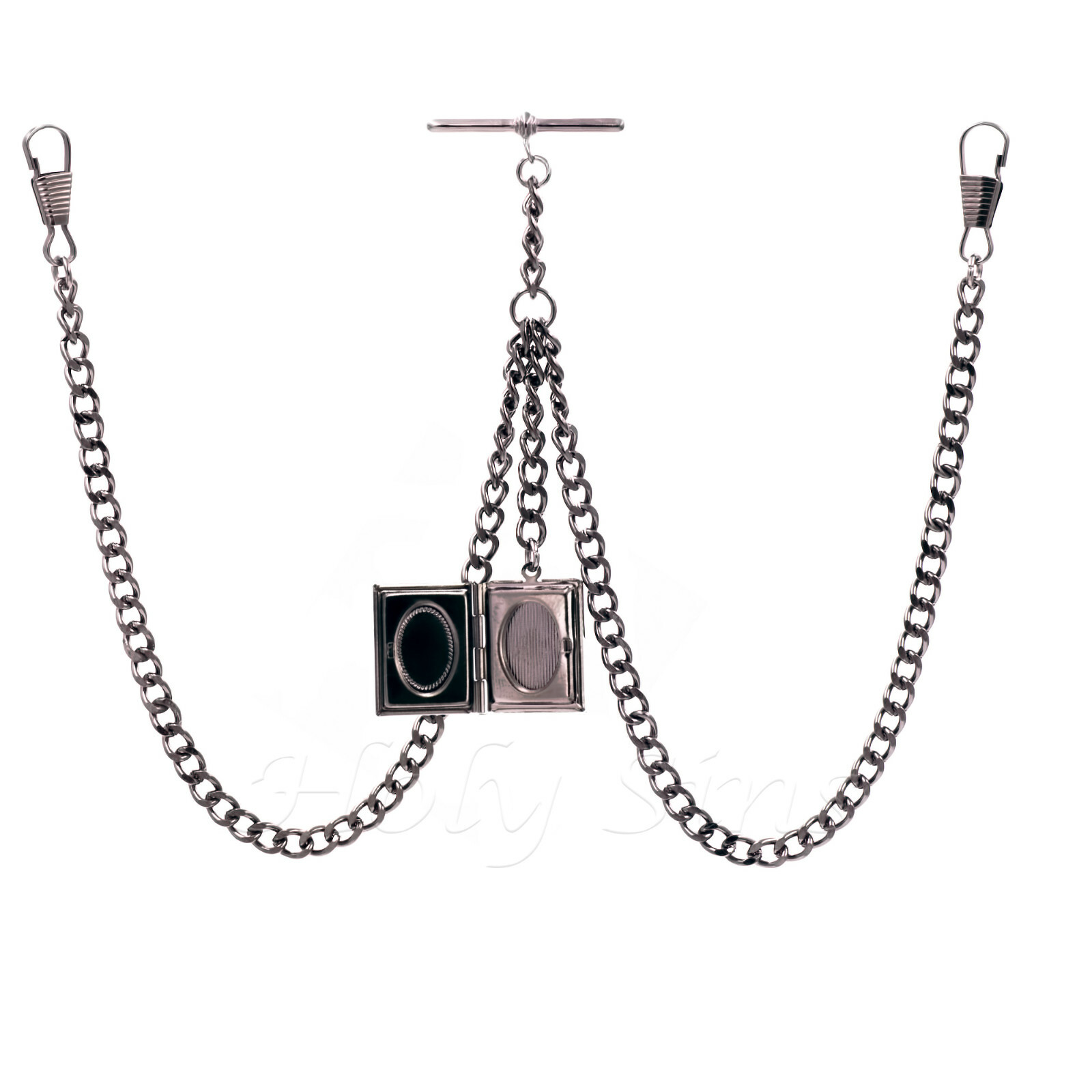 Black Gunmetal Colour Double Albert Pocket Watch Chain With Rectangular Locket