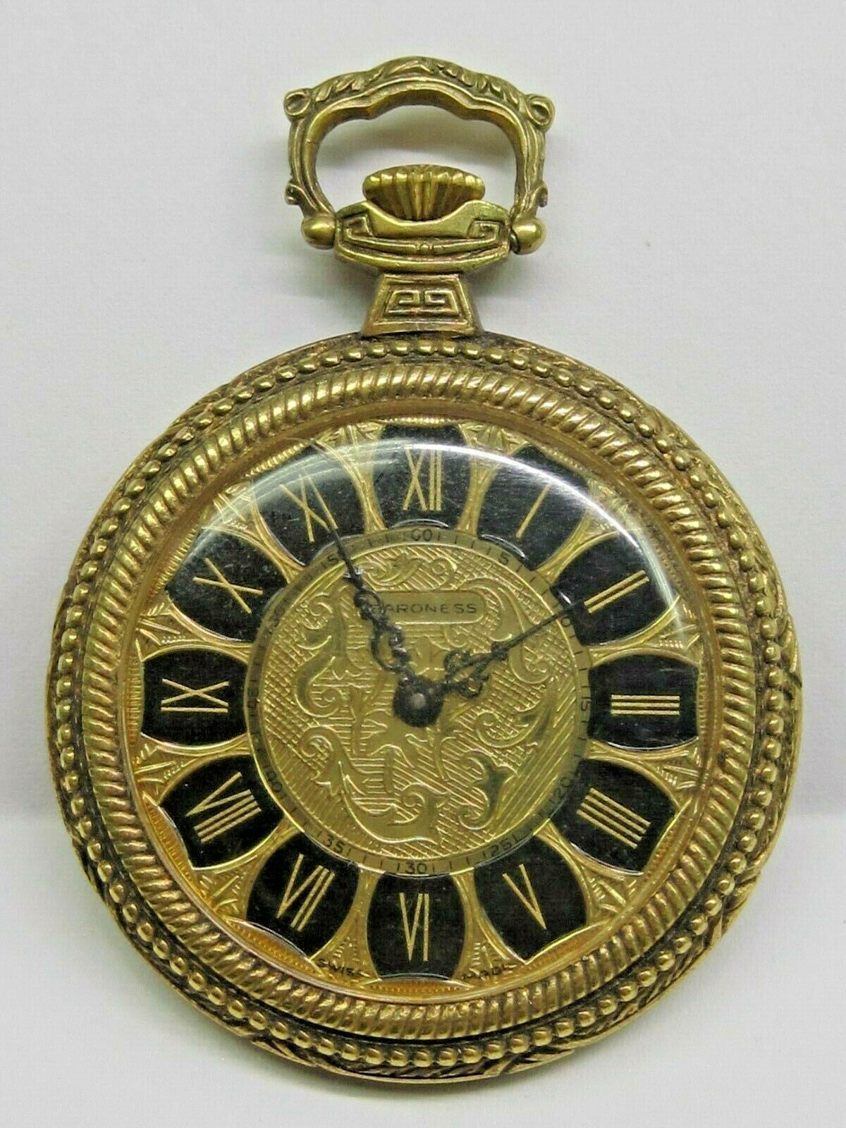 1-Vintage Ladies Baroness Yellow Plated Pendant Pocket Watch 35 mm Round.