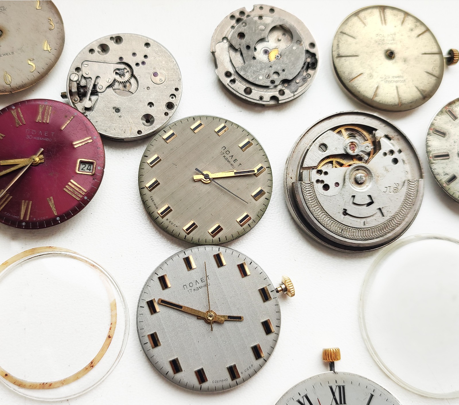 Many Soviet Movement Parts Poljot, Luch, Slava, Raketa, Zim mechanical watch lot