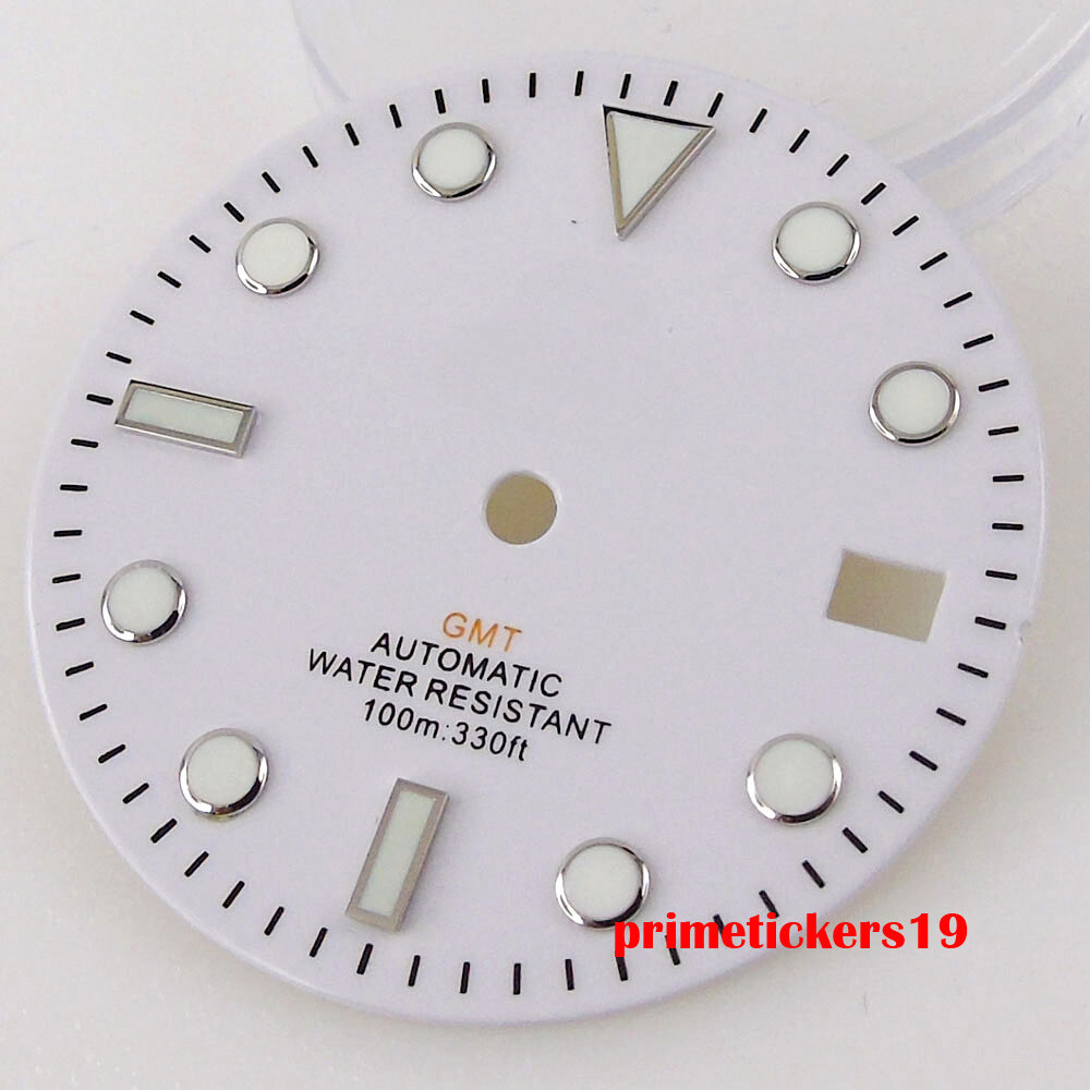 29mm White Watch Dial Date Black Orange Hands Luminous Fit NH34 GMT Movement