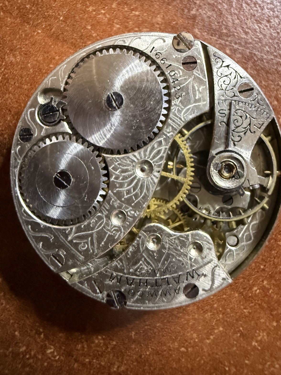 Waltham AWWCo Pocket Watch Movement ca 1908 Serial 16610423 Not Running Parts