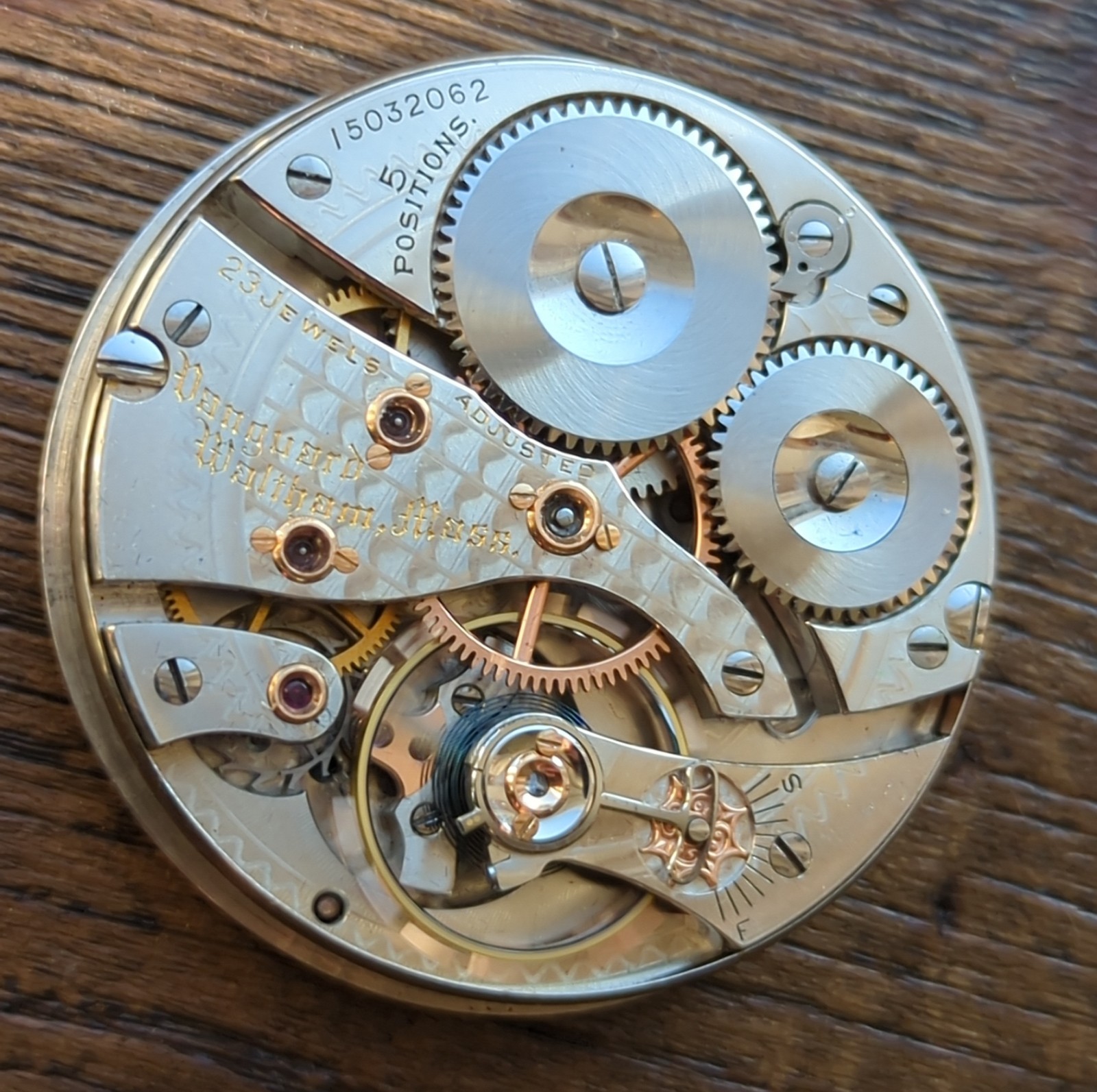 Waltham Vanguard 23J 5 Pos. 1899 Pocket Watch Movement, Ticking (G73)