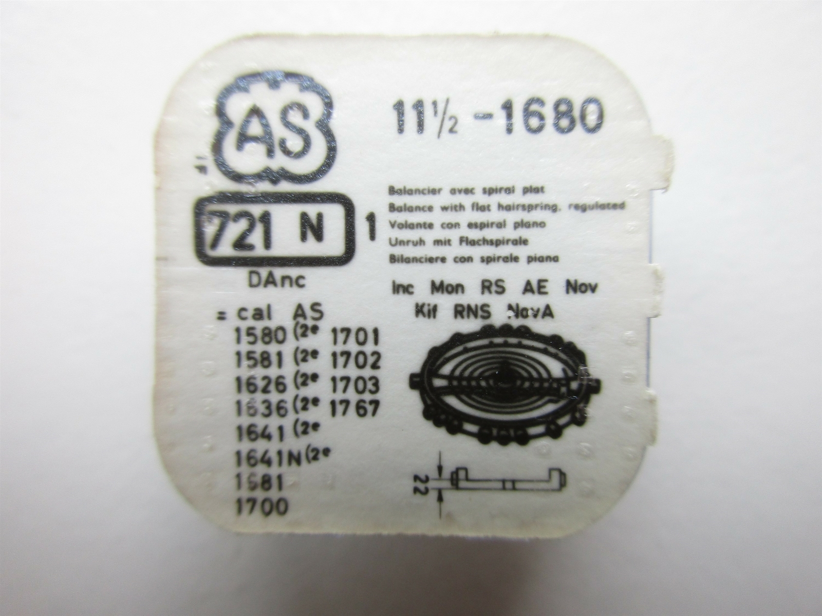 AS 11½”‘ cal. 1680 1700 balance complete Swiss watch movement part