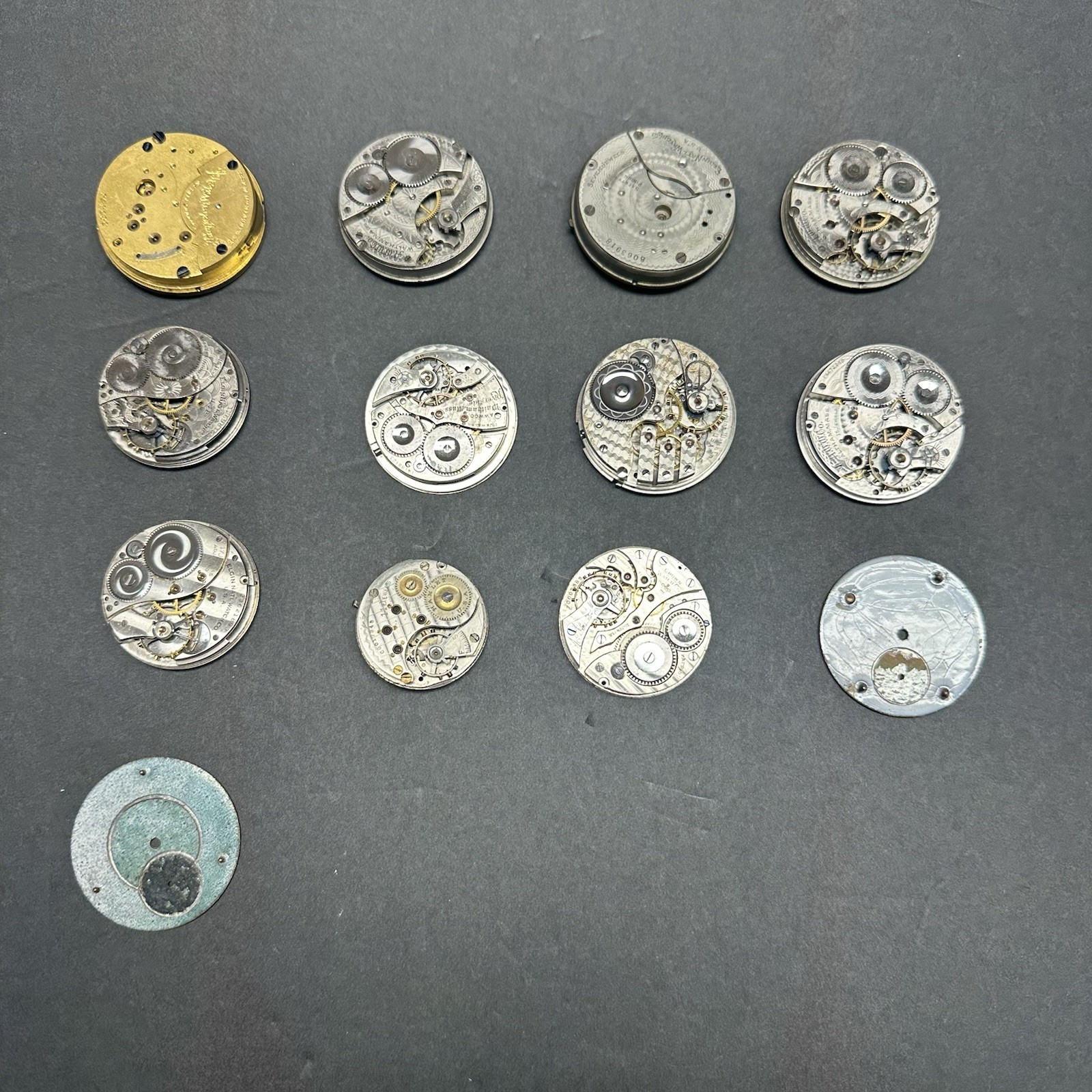 Lot of 11 Pocket Watch Movements Illinois Burlington Waltham Elgin + 2 Dials