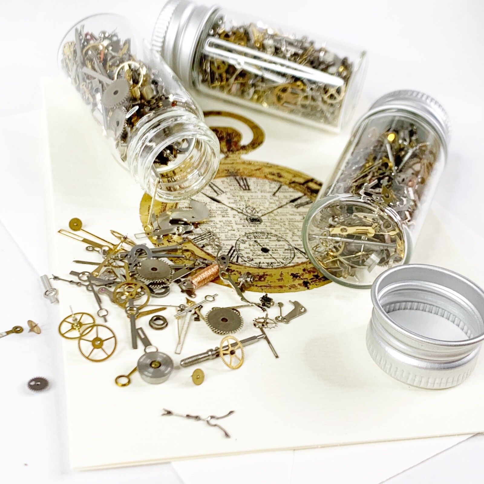 Steampunk GIFT 50 Gram Lot Watch Parts 3 Glass Bottles Box Card Wheels Gears Art