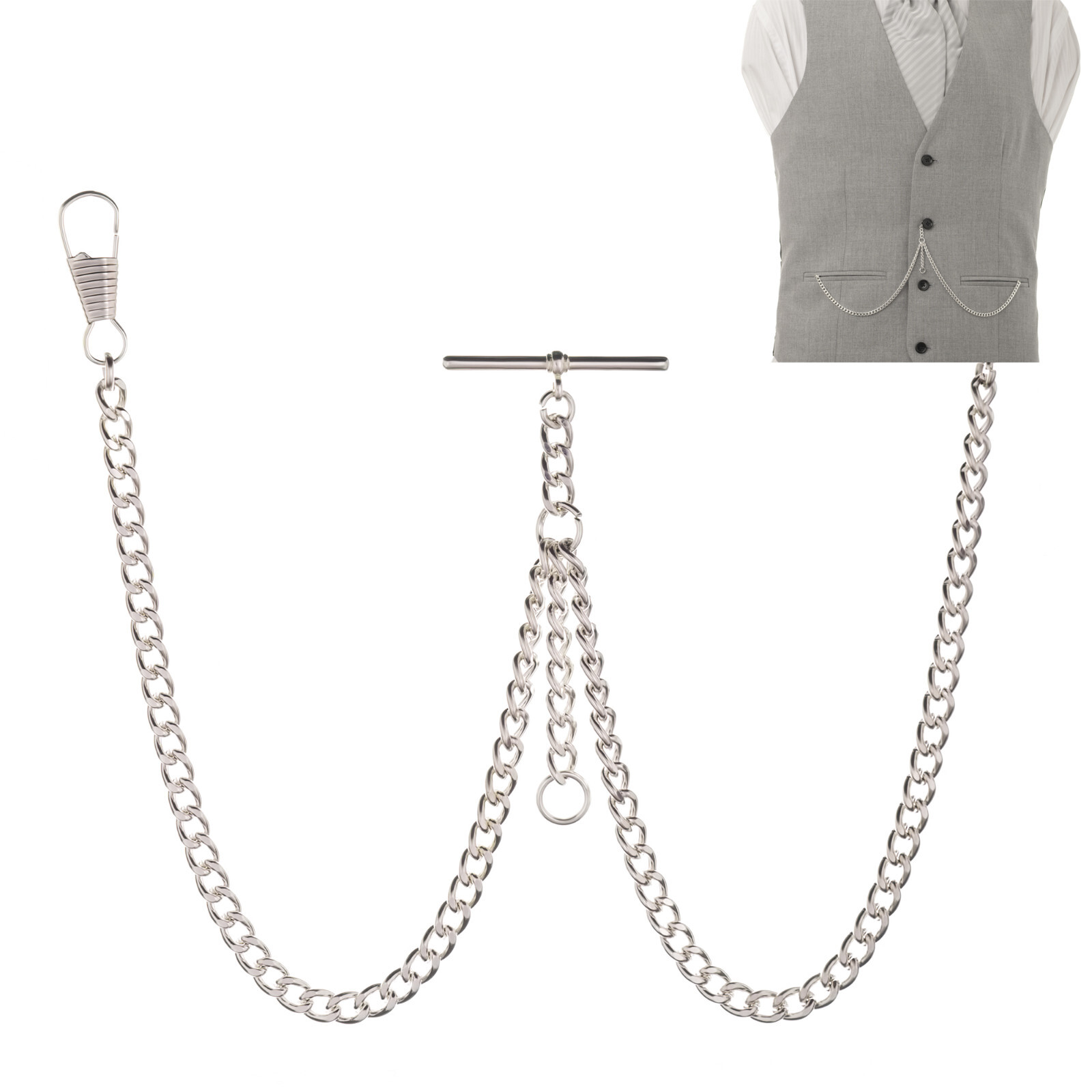 New Sterling Silver Color Double Albert Pocket Watch Chain