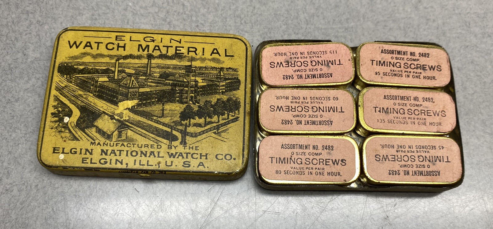 Antique Elgin Watch Timing Screw Tin 6 Inner Tins And A Few Screws Parts