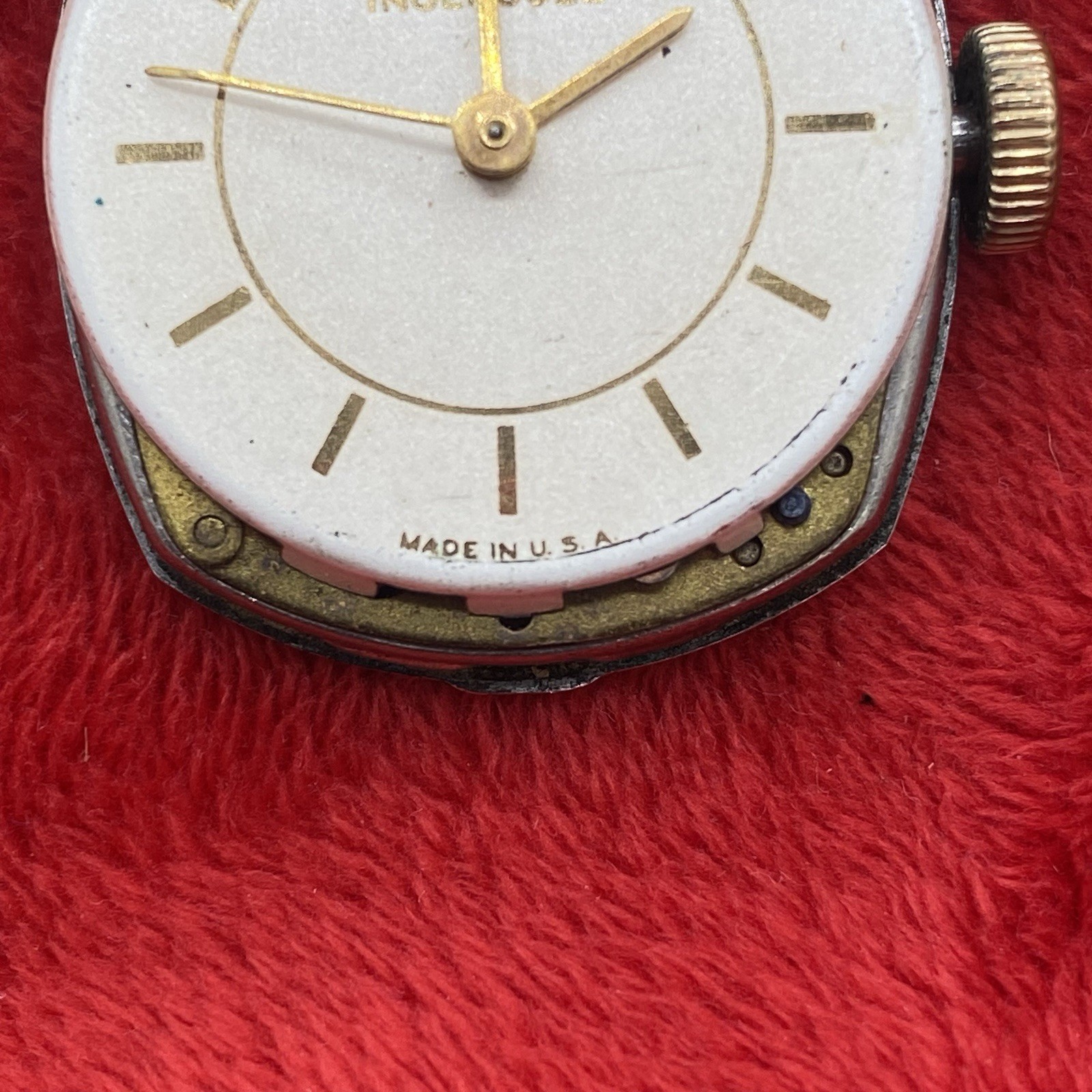 Antique Ingersoll watch movement w dial and hands for parts or repair Made USA
