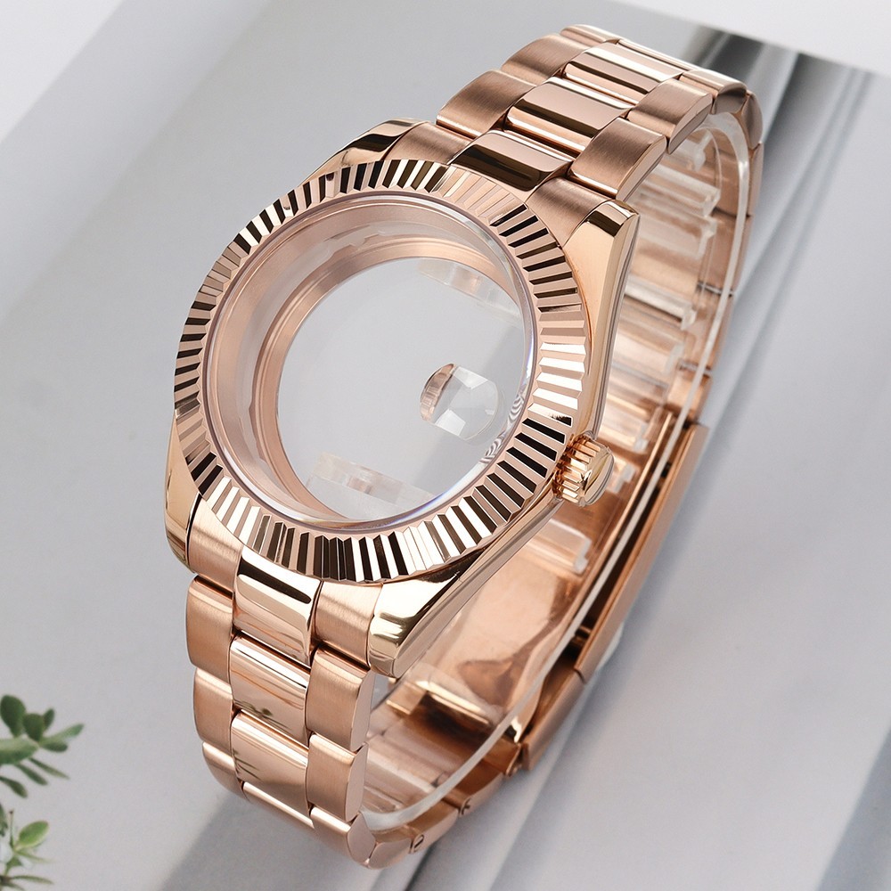 Steel Oyster Rose Gold Watch Case 36mm/39mm Fluted Bezel For Seiko NH35 Movement