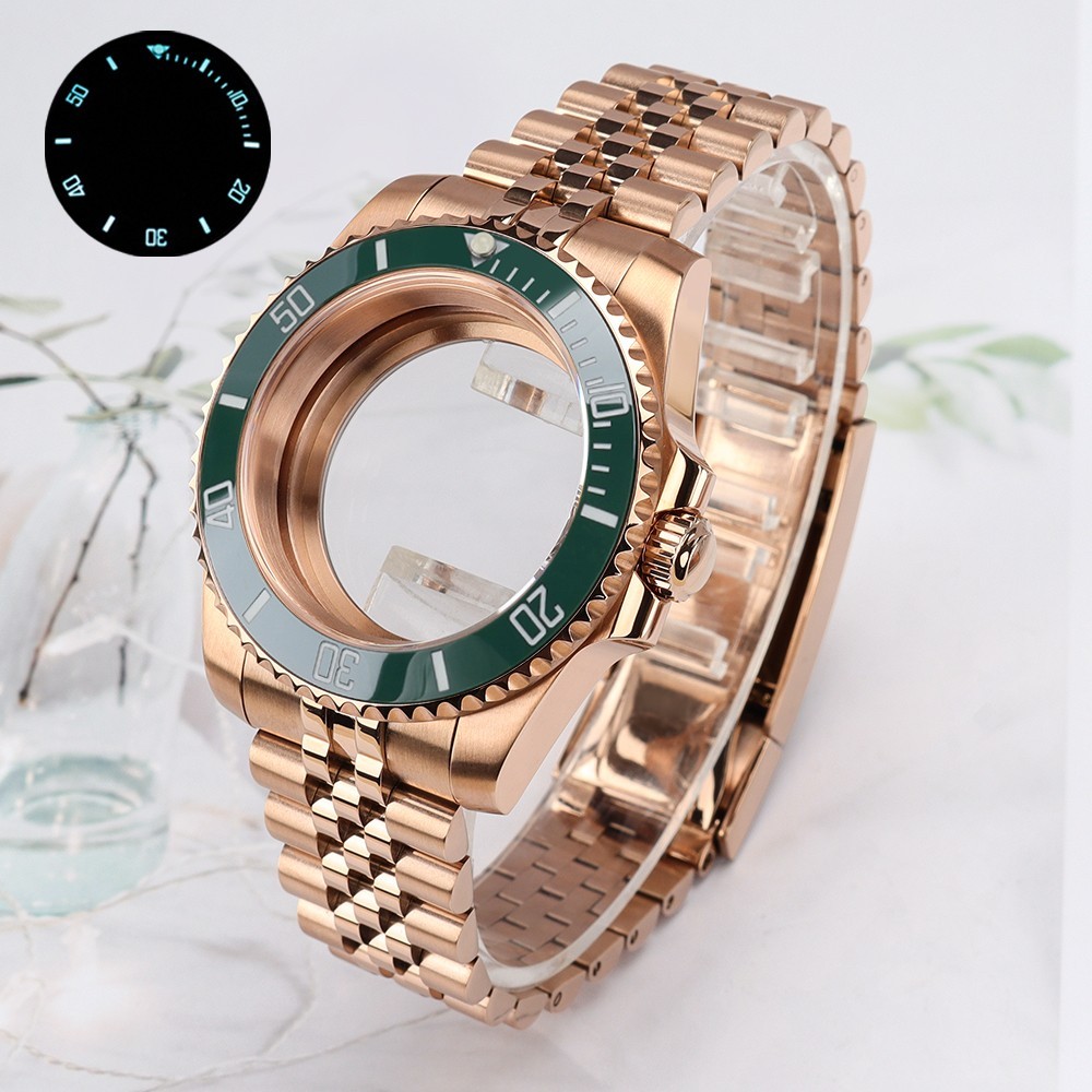 Oyster 40mm Watch Cases Bracelet Rose Gold Luminous Bezel For SII NH35 Movement