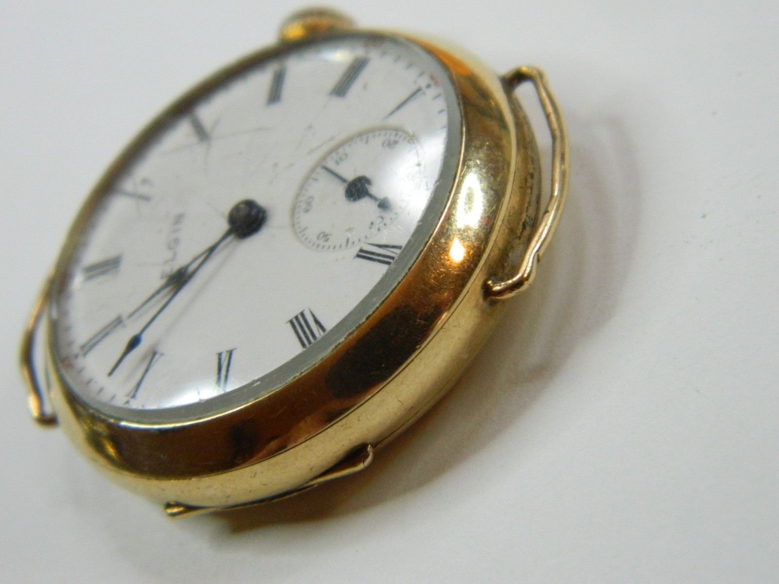 1908 PRE-WW1 ELGIN 0S 10K GOLD FILLED WIRE LUGS TRENCH WATCH – FINE CASE -REPAIR