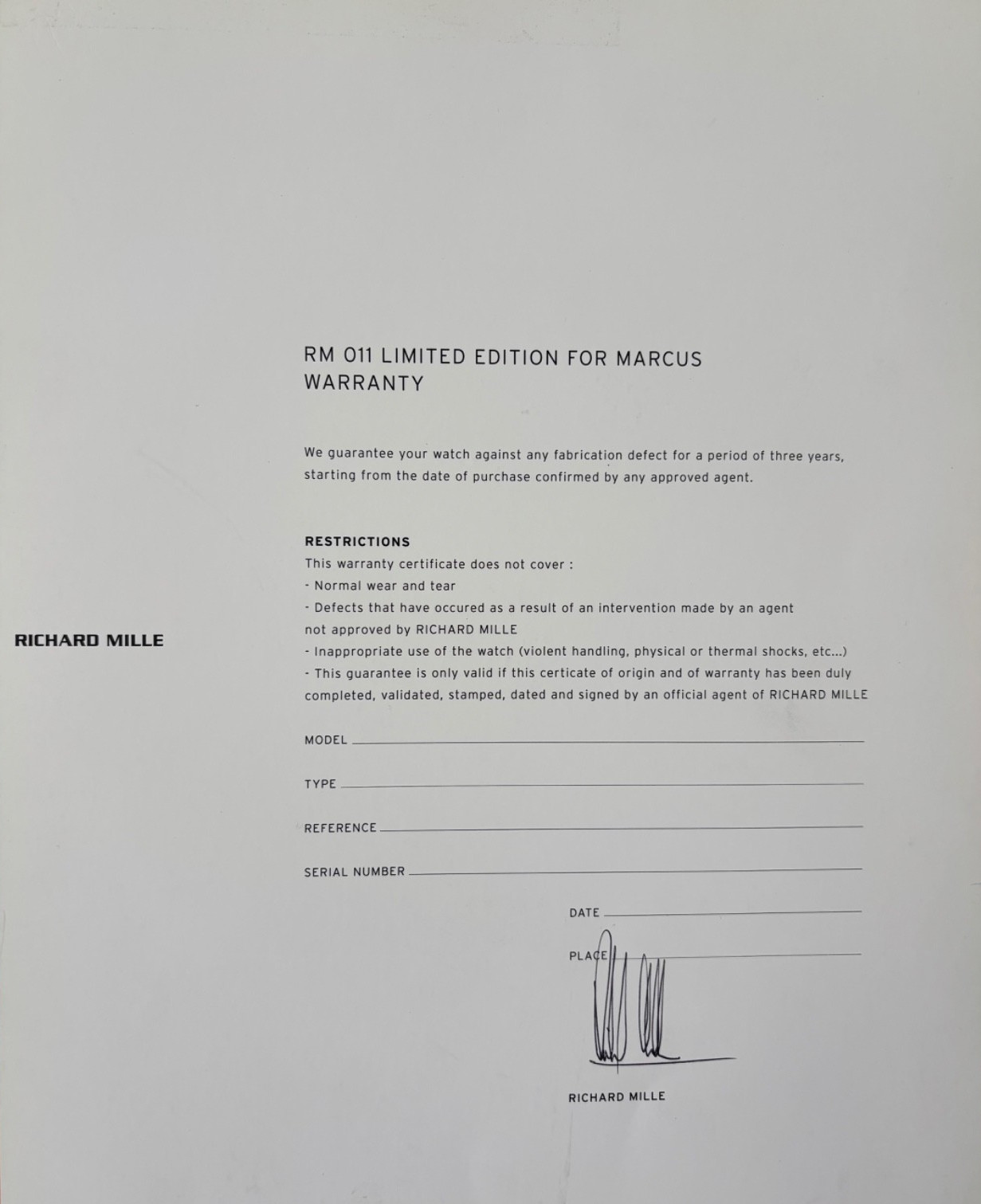 RICHARD MILLE RM 011 LIMITED EDITION MARCUS WARRANTY CERTIFICATE GENUINE