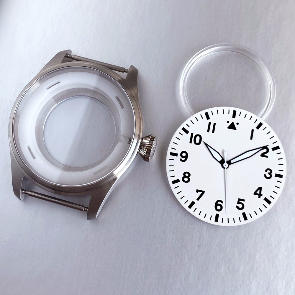43mm Pilot Steel Sapphire Glass Watch Case Set Fit japan NH35 NH36 2824 Aviator