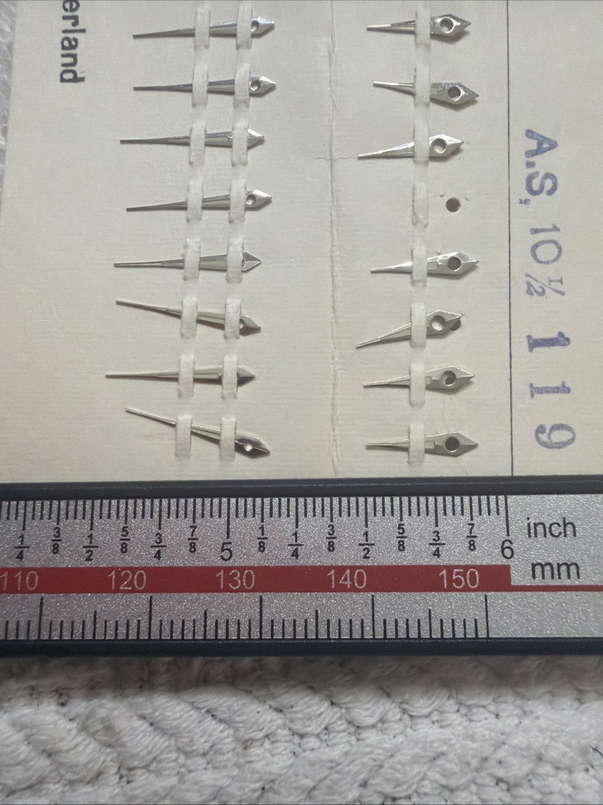 AS 1194 – NOS – Silver Tone Lume Watch Hands – 1 Card with 11 pairs + 1 Minute