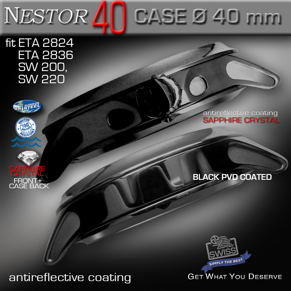 WATCH CASE NESTOR FOR ETA-2824/2836, SW 200/220,Ø 40 MM, ST.STEEL,SAPH.CRYSTAL,