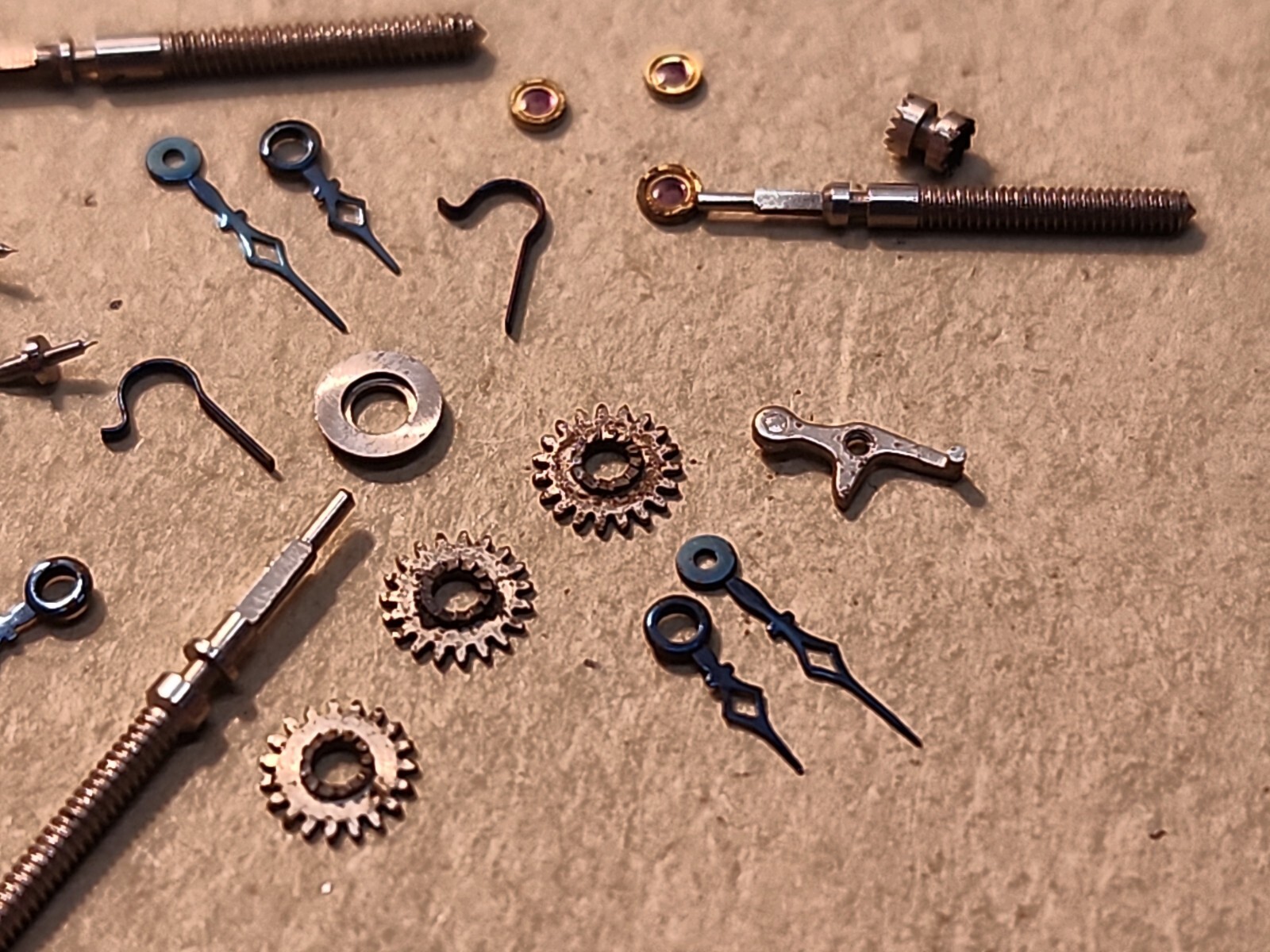 Lot Of NOS Elgin 21/0 Mixed Parts-Stems, Balance Staffs, Jewels, Hands, Etc