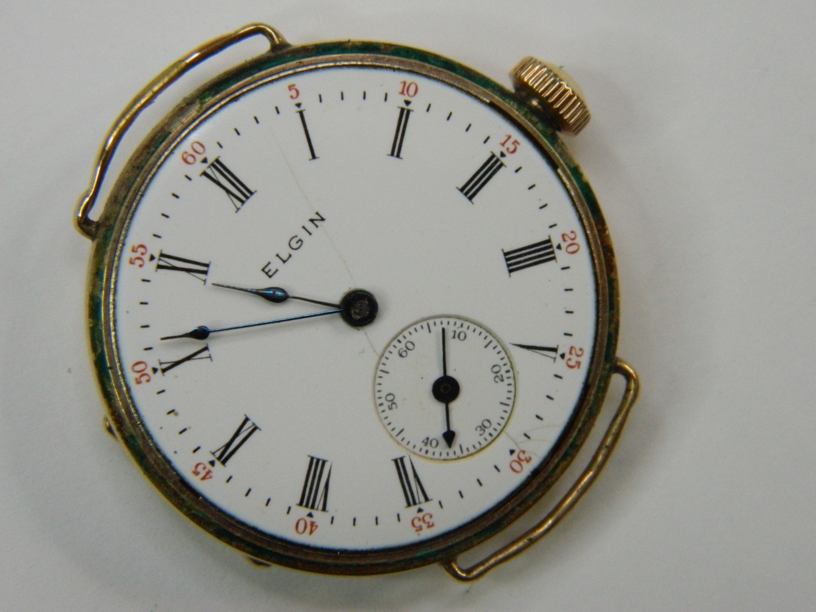 1908 PRE-WW1 ELGIN 0S 10K GOLD FILLED WIRE LUGS TRENCH WATCH – FINE CASE -REPAIR