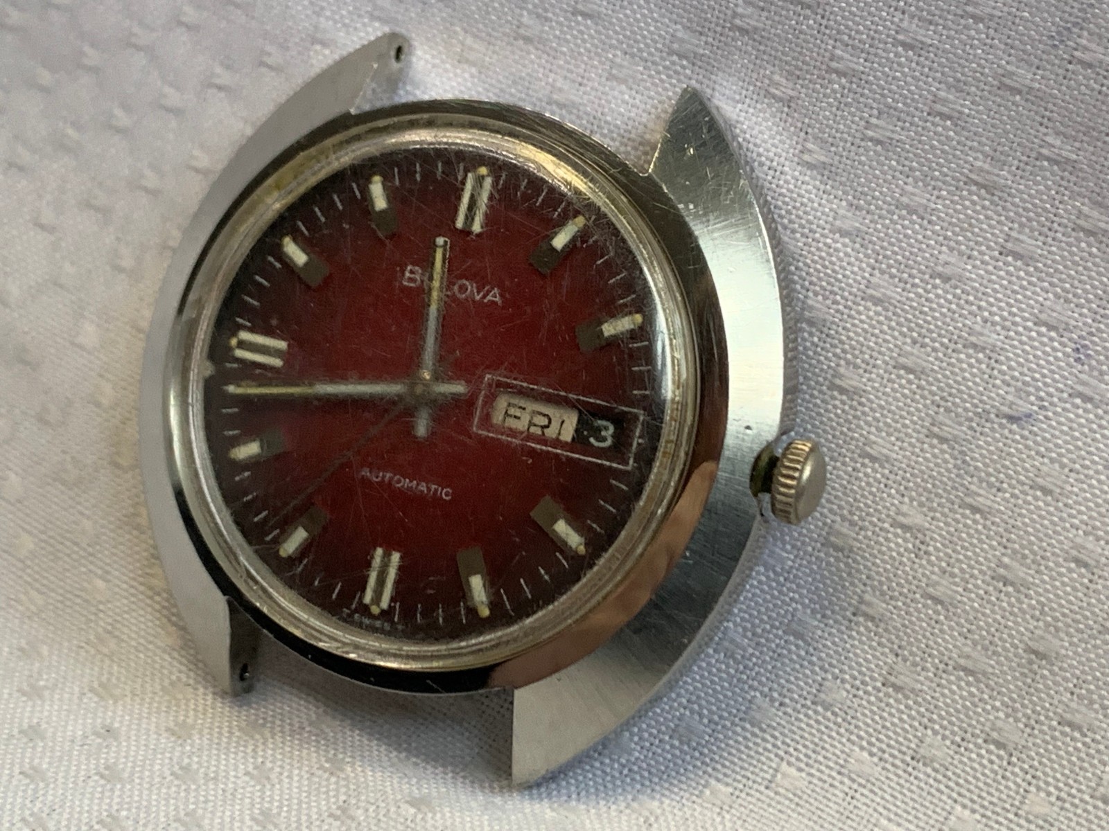 Vtg Bulova Mens Automatic Watch Face Red Dial Day Date Calendar *RUNNING*