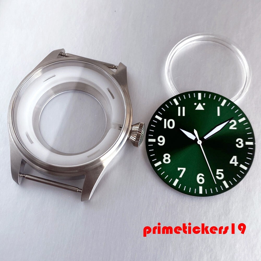 43mm Pilot Watch Case+Dial Hands Set Sapphire Fit NH35 ETA2824 PT5000 Clear Back