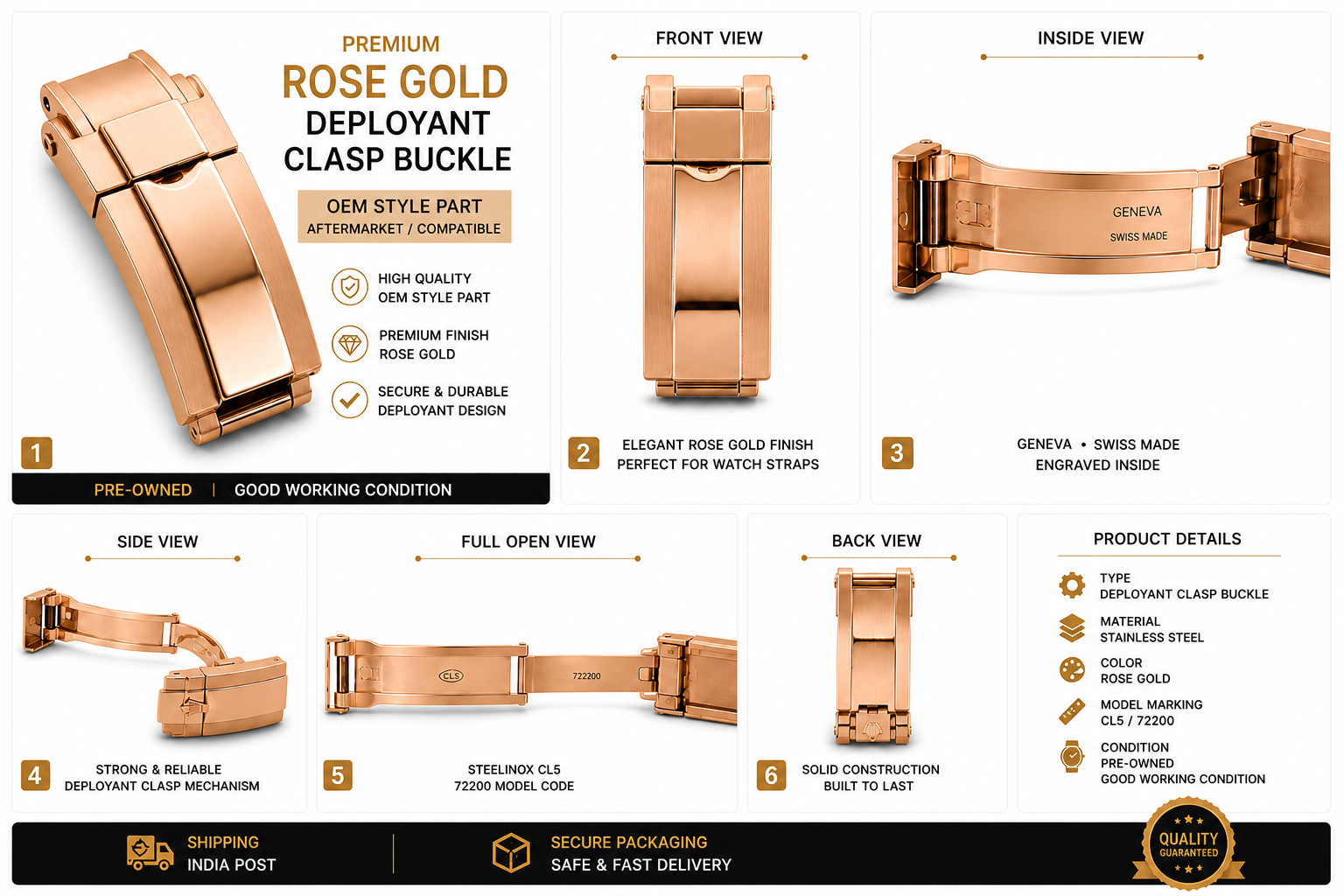 Rose Gold Deployant Clasp Buckle Stainless Steel Watch Strap Fold 16 mm